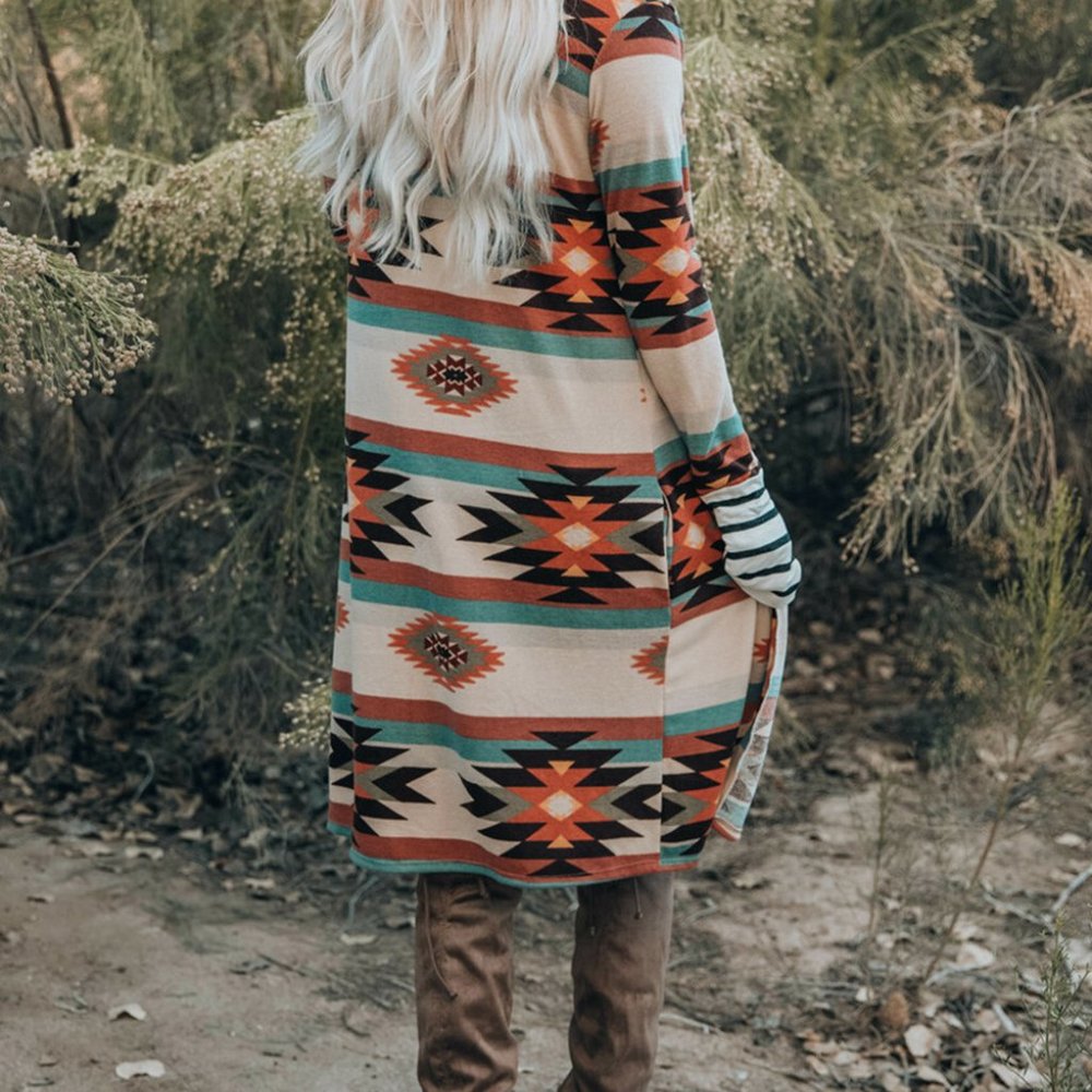 Multicolor Geometric Color Block Open Front Long Cardigan - Picture 2 of 5